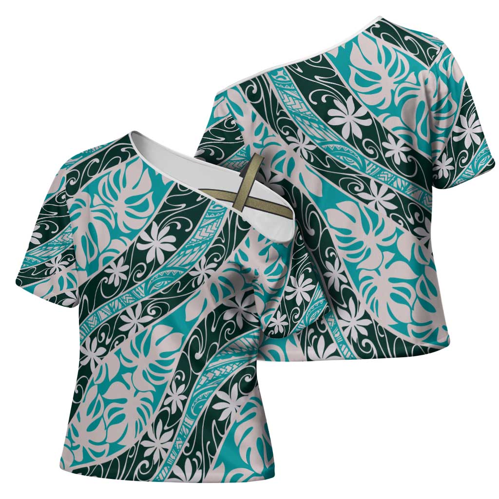 Cyan Tahiti Tiare Monstera Cross Shoulder Shirt Polynesian Pattern Curve Style - Polynesian Pride