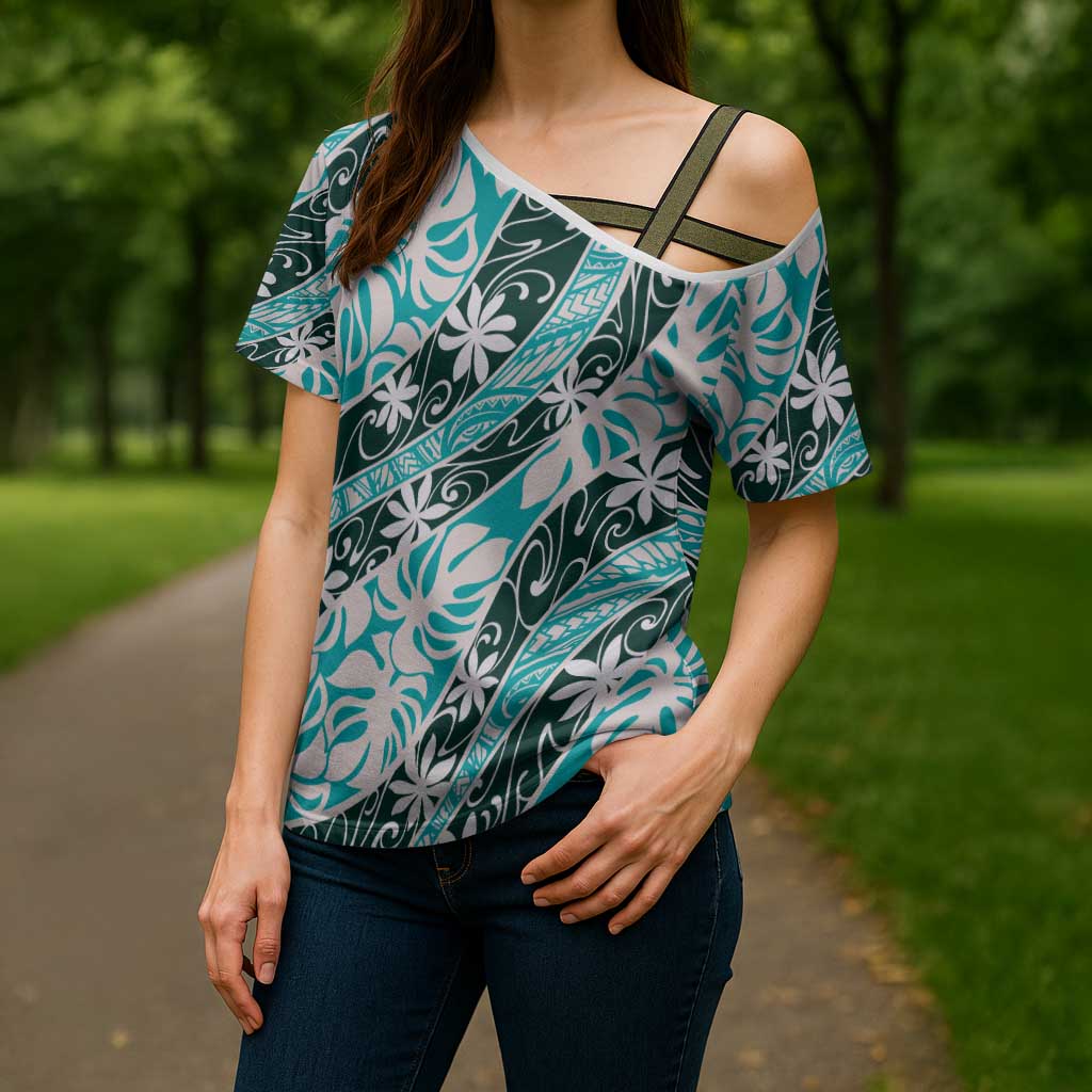 Cyan Tahiti Tiare Monstera Cross Shoulder Shirt Polynesian Pattern Curve Style - Polynesian Pride