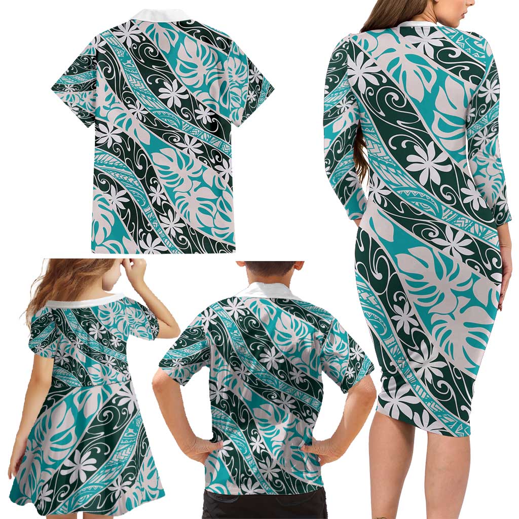 Cyan Tahiti Tiare Monstera Family Matching Long Sleeve Bodycon Dress and Hawaiian Shirt Polynesian Pattern Curve Style - Polynesian Pride