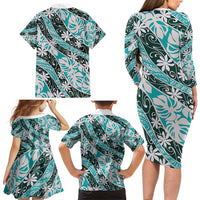Cyan Tahiti Tiare Monstera Family Matching Long Sleeve Bodycon Dress and Hawaiian Shirt Polynesian Pattern Curve Style - Polynesian Pride