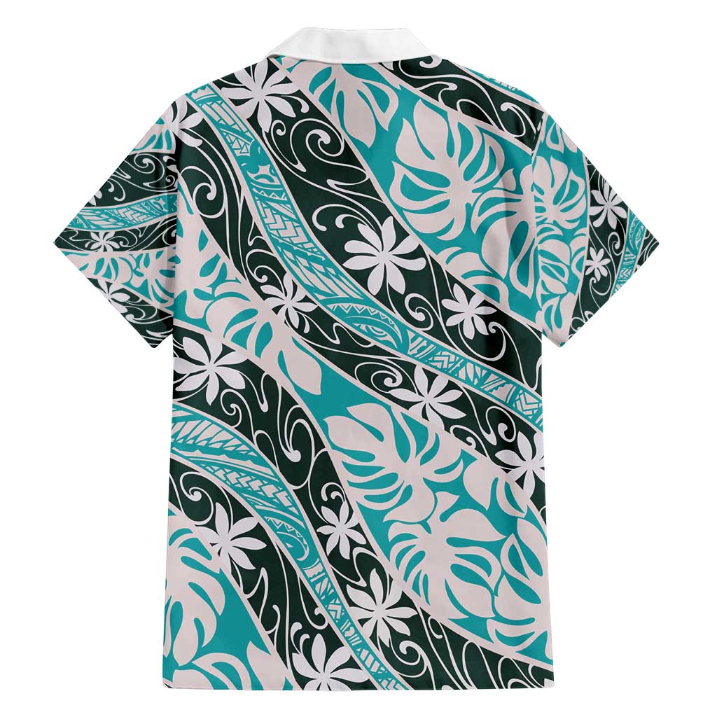 Cyan Tahiti Tiare Monstera Family Matching Long Sleeve Bodycon Dress and Hawaiian Shirt Polynesian Pattern Curve Style - Polynesian Pride