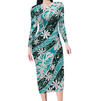 Cyan Tahiti Tiare Monstera Family Matching Long Sleeve Bodycon Dress and Hawaiian Shirt Polynesian Pattern Curve Style - Polynesian Pride