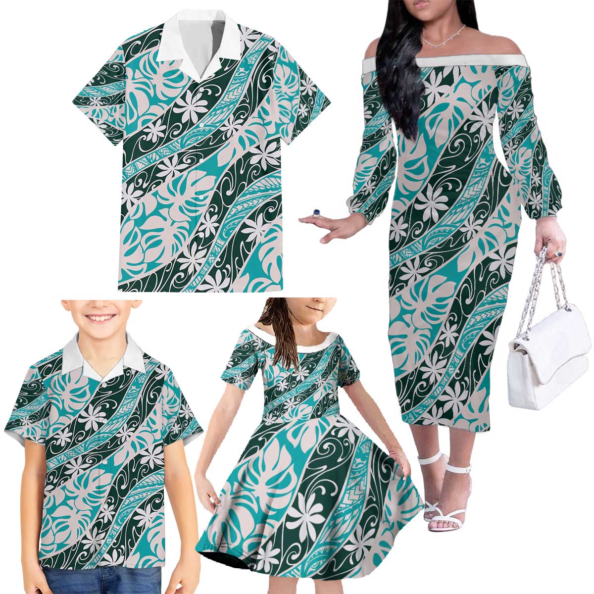 Cyan Tahiti Tiare Monstera Family Matching Off The Shoulder Long Sleeve Dress and Hawaiian Shirt Polynesian Pattern Curve Style - Polynesian Pride