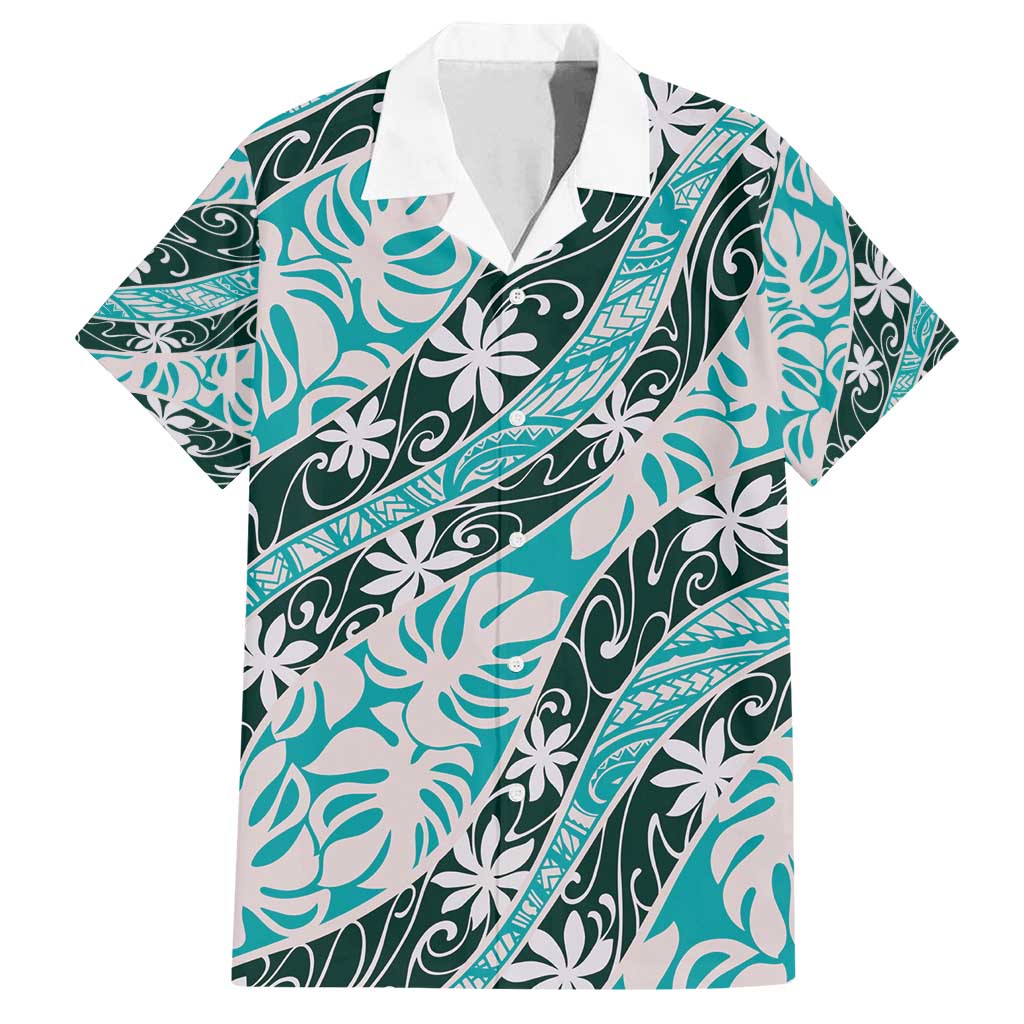 Cyan Tahiti Tiare Monstera Family Matching Off Shoulder Maxi Dress and Hawaiian Shirt Polynesian Pattern Curve Style - Polynesian Pride