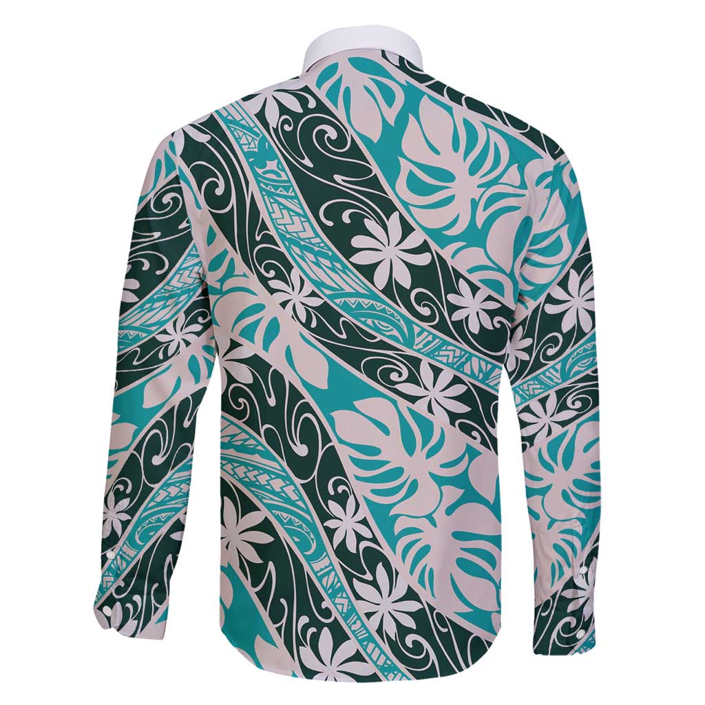 Cyan Tahiti Tiare Monstera Family Matching Off Shoulder Maxi Dress and Hawaiian Shirt Polynesian Pattern Curve Style - Polynesian Pride
