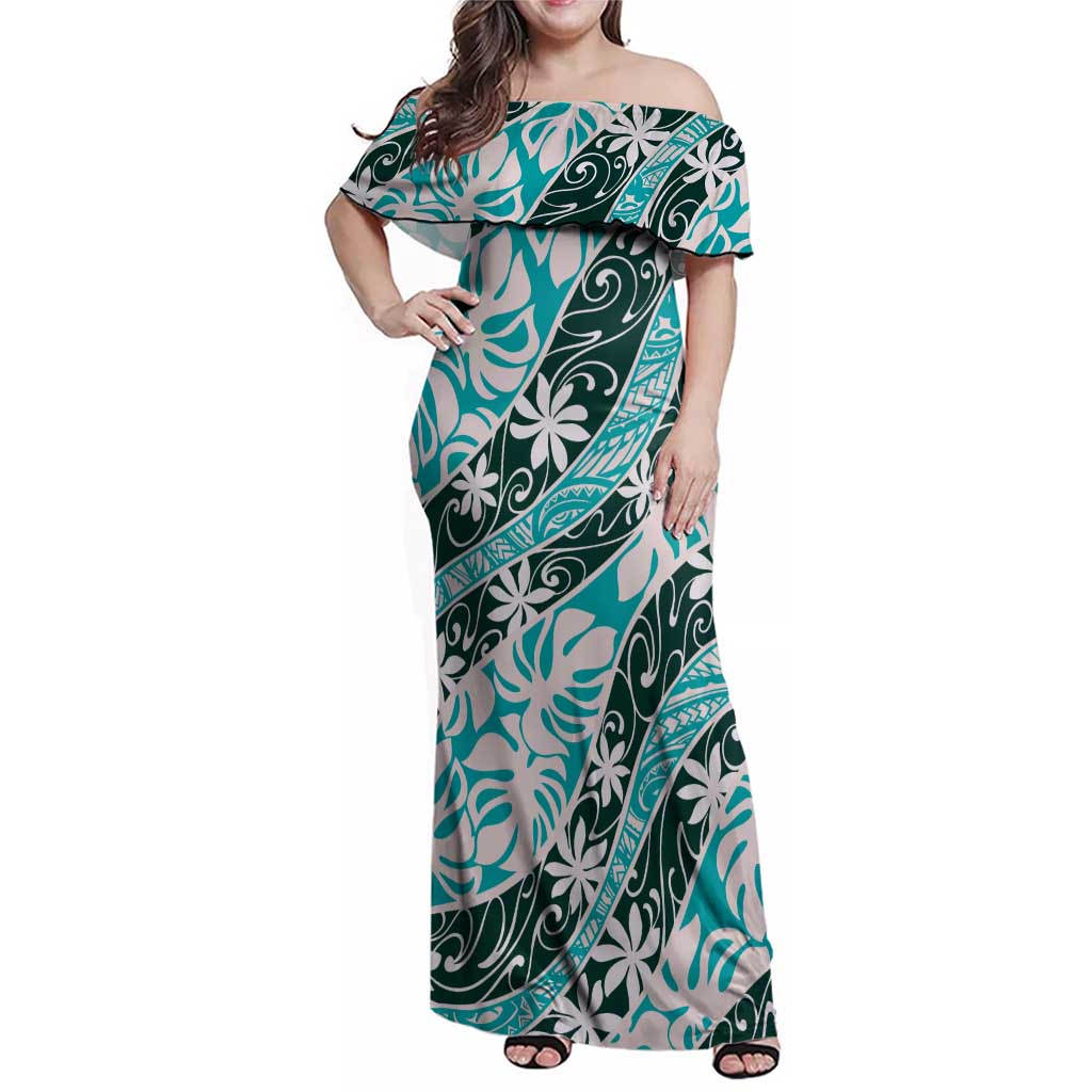 Cyan Tahiti Tiare Monstera Family Matching Off Shoulder Maxi Dress and Hawaiian Shirt Polynesian Pattern Curve Style - Polynesian Pride