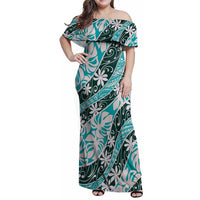 Cyan Tahiti Tiare Monstera Family Matching Off Shoulder Maxi Dress and Hawaiian Shirt Polynesian Pattern Curve Style - Polynesian Pride