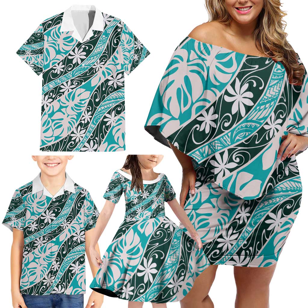 Cyan Tahiti Tiare Monstera Family Matching Off Shoulder Short Dress and Hawaiian Shirt Polynesian Pattern Curve Style - Polynesian Pride