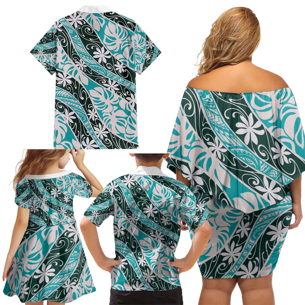 Cyan Tahiti Tiare Monstera Family Matching Off Shoulder Short Dress and Hawaiian Shirt Polynesian Pattern Curve Style - Polynesian Pride