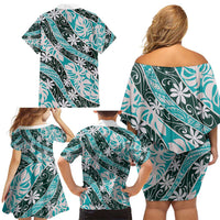 Cyan Tahiti Tiare Monstera Family Matching Off Shoulder Short Dress and Hawaiian Shirt Polynesian Pattern Curve Style - Polynesian Pride