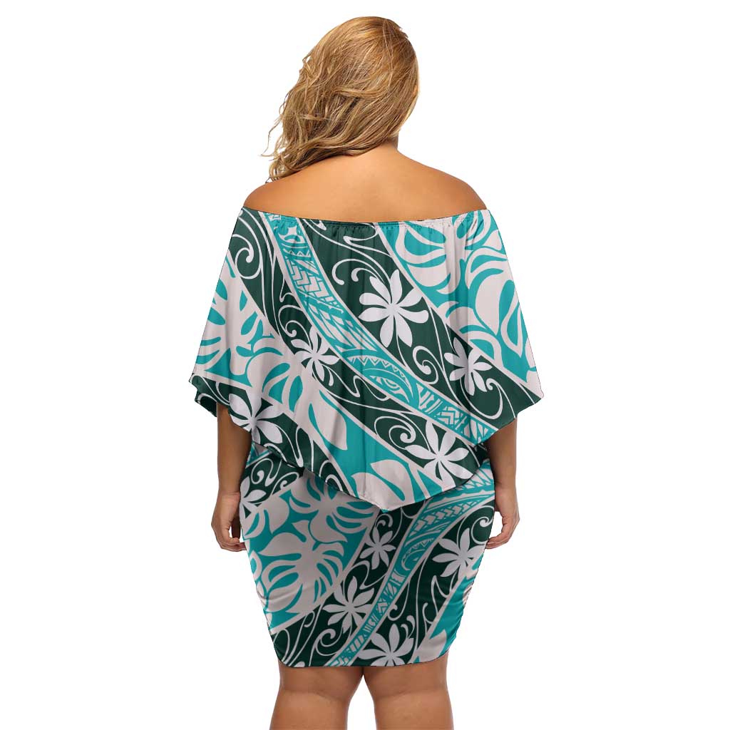 Cyan Tahiti Tiare Monstera Family Matching Off Shoulder Short Dress and Hawaiian Shirt Polynesian Pattern Curve Style - Polynesian Pride
