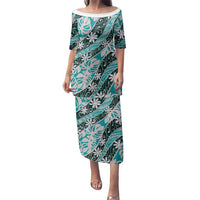 Cyan Tahiti Tiare Monstera Family Matching Puletasi and Hawaiian Shirt Polynesian Pattern Curve Style - Polynesian Pride