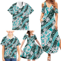 Cyan Tahiti Tiare Monstera Family Matching Summer Maxi Dress and Hawaiian Shirt Polynesian Pattern Curve Style - Polynesian Pride