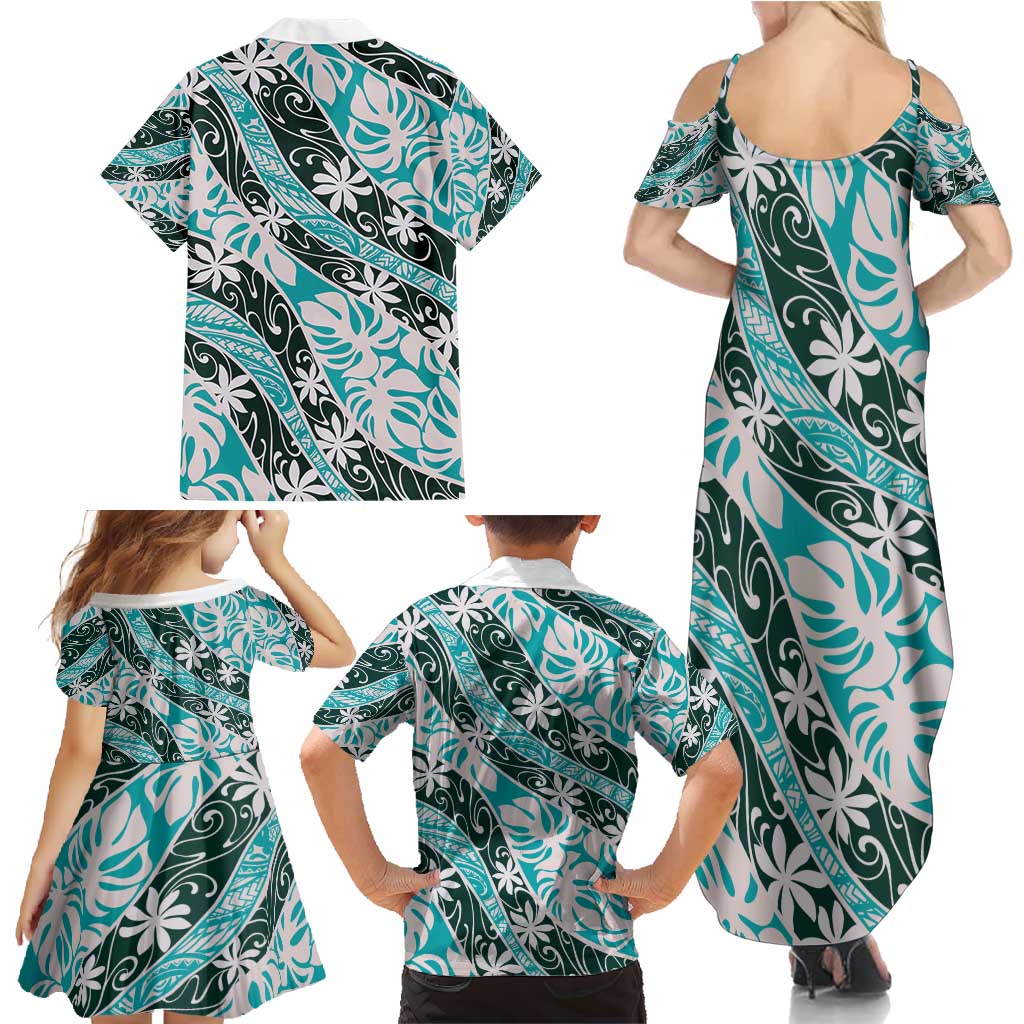 Cyan Tahiti Tiare Monstera Family Matching Summer Maxi Dress and Hawaiian Shirt Polynesian Pattern Curve Style - Polynesian Pride