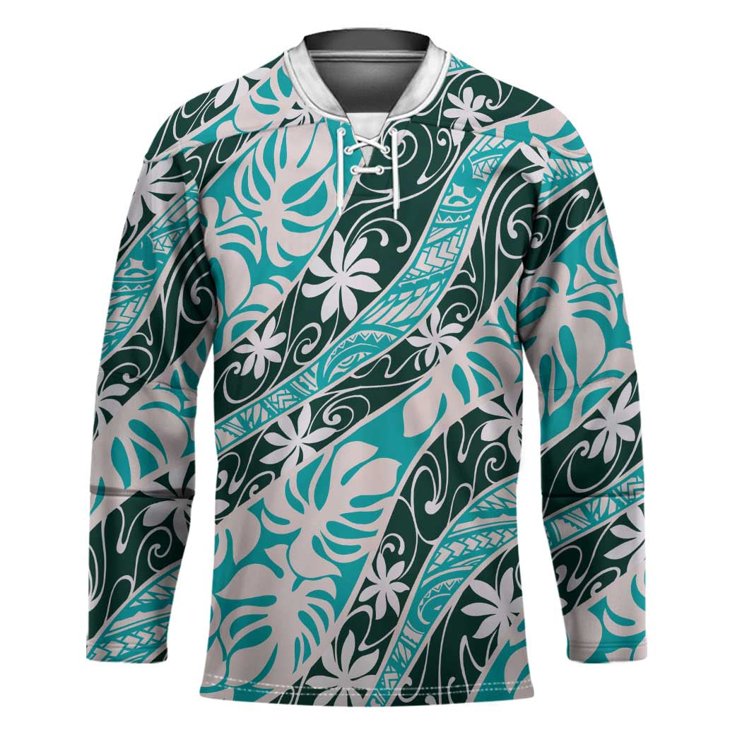 Cyan Tahiti Tiare Monstera Hockey Jersey Polynesian Pattern Curve Style - Polynesian Pride