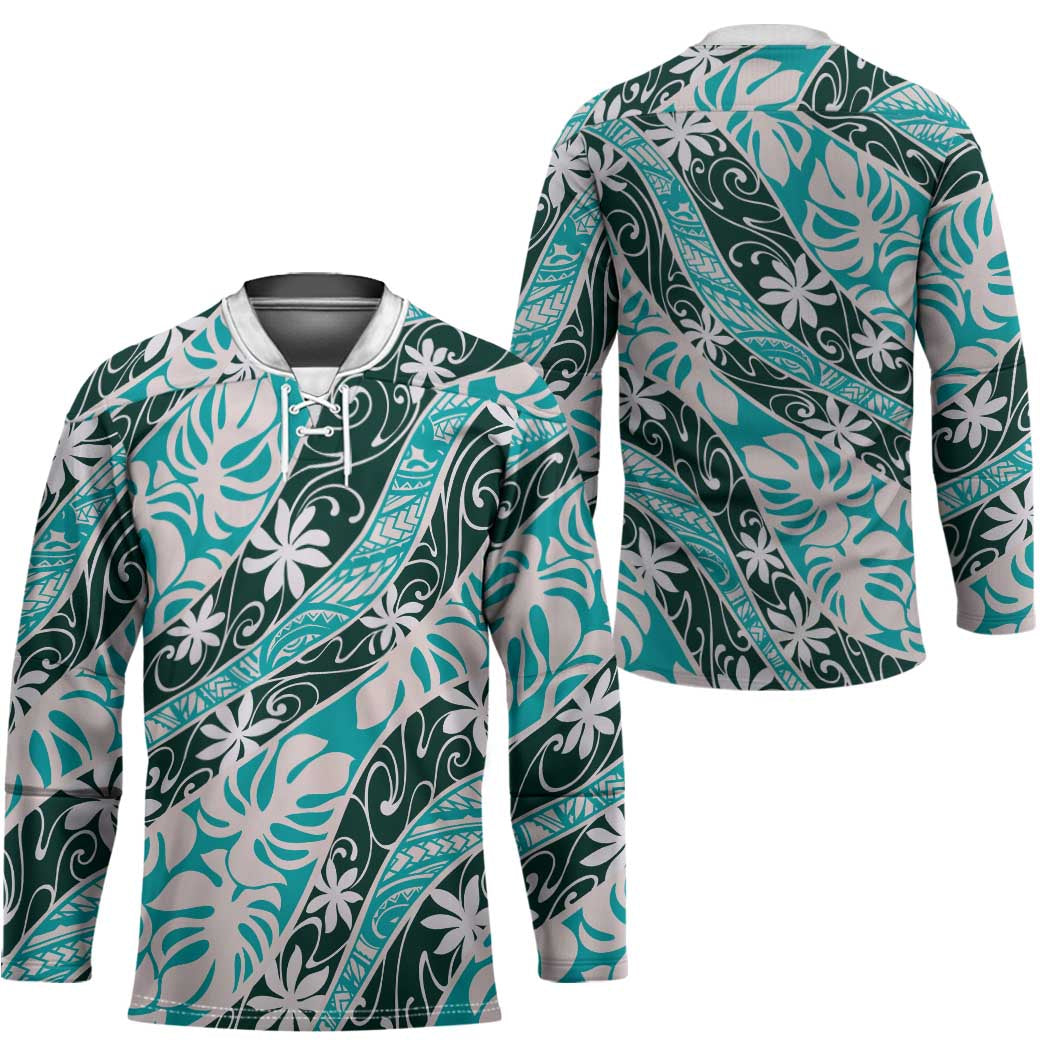 Cyan Tahiti Tiare Monstera Hockey Jersey Polynesian Pattern Curve Style - Polynesian Pride