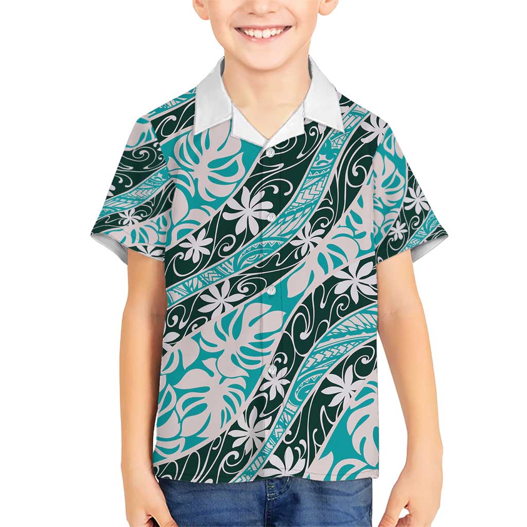 Cyan Tahiti Tiare Monstera Kid Hawaiian Shirt Polynesian Pattern Curve Style - Polynesian Pride