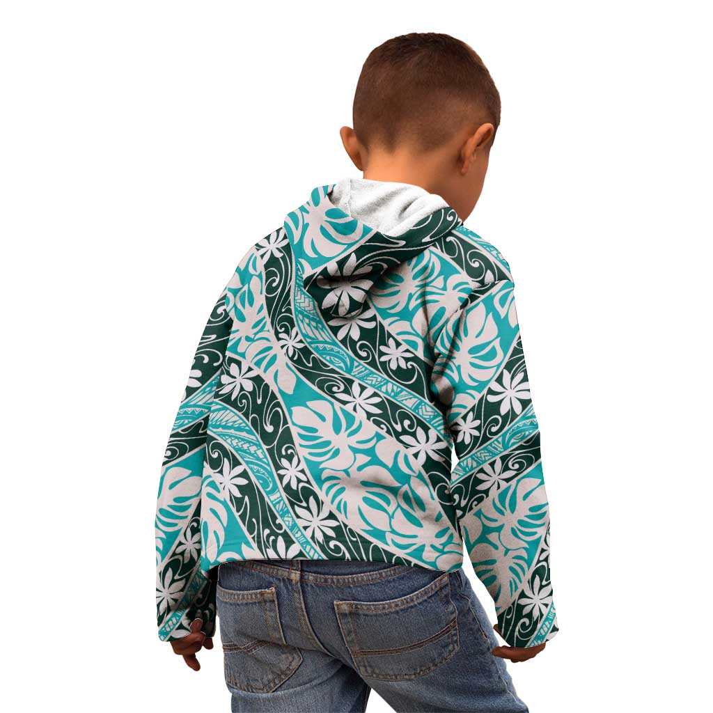 Cyan Tahiti Tiare Monstera Kid Hoodie Polynesian Pattern Curve Style - Polynesian Pride