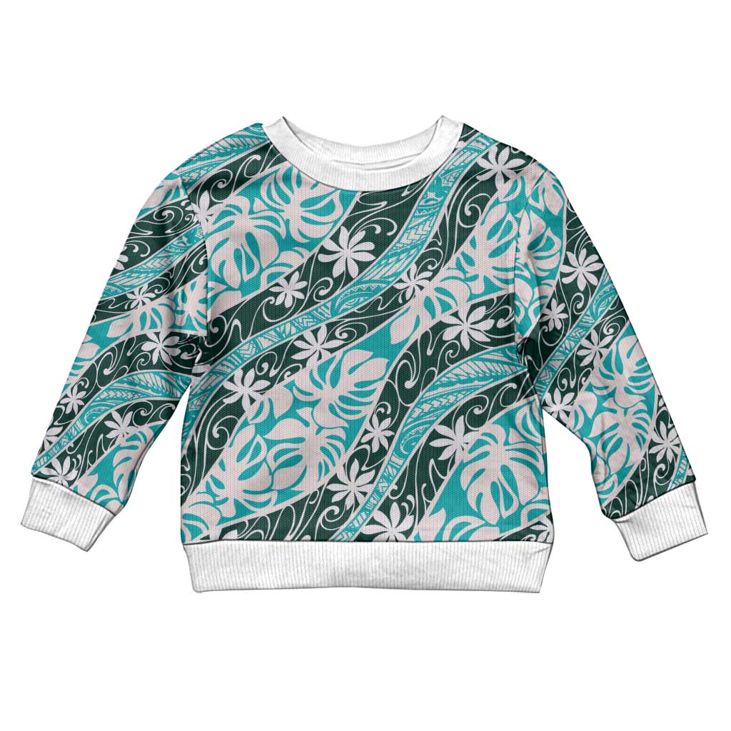 Cyan Tahiti Tiare Monstera Kid Ugly Christmas Sweater Polynesian Pattern Curve Style - Polynesian Pride
