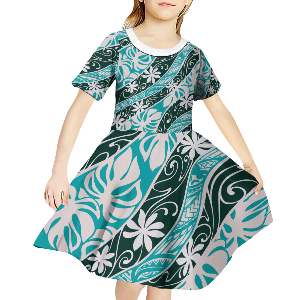 Cyan Tahiti Tiare Monstera Kid Short Sleeve Dress Polynesian Pattern Curve Style - Polynesian Pride