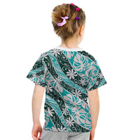 Cyan Tahiti Tiare Monstera Kid T Shirt Polynesian Pattern Curve Style - Polynesian Pride