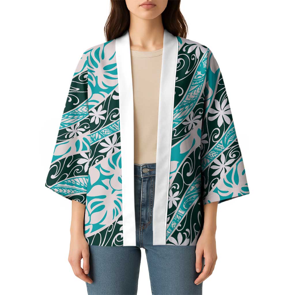 Cyan Tahiti Tiare Monstera Kimono Polynesian Pattern Curve Style - Polynesian Pride