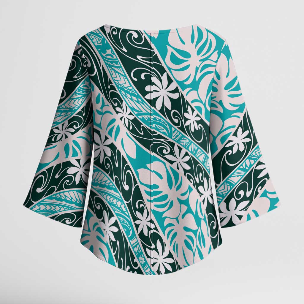Cyan Tahiti Tiare Monstera Kimono Sleeve Blouse Polynesian Pattern Curve Style - Polynesian Pride