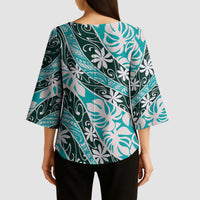 Cyan Tahiti Tiare Monstera Kimono Sleeve Blouse Polynesian Pattern Curve Style - Polynesian Pride
