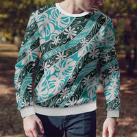 Cyan Tahiti Tiare Monstera Ugly Christmas Sweater Polynesian Pattern Curve Style - Polynesian Pride