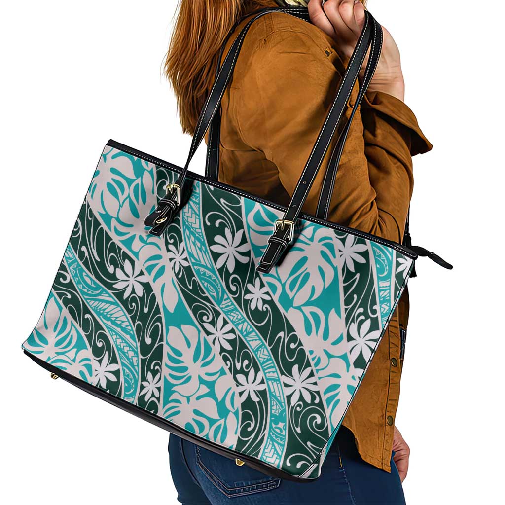 Cyan Tahiti Tiare Monstera Leather Tote Bag Polynesian Pattern Curve Style - Polynesian Pride