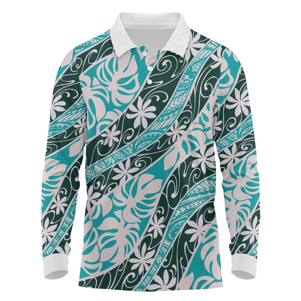 Cyan Tahiti Tiare Monstera Long Sleeve Polo Shirt Polynesian Pattern Curve Style - Polynesian Pride