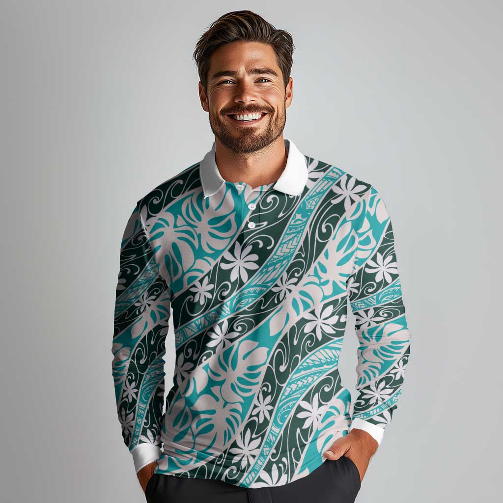 Cyan Tahiti Tiare Monstera Long Sleeve Polo Shirt Polynesian Pattern Curve Style - Polynesian Pride