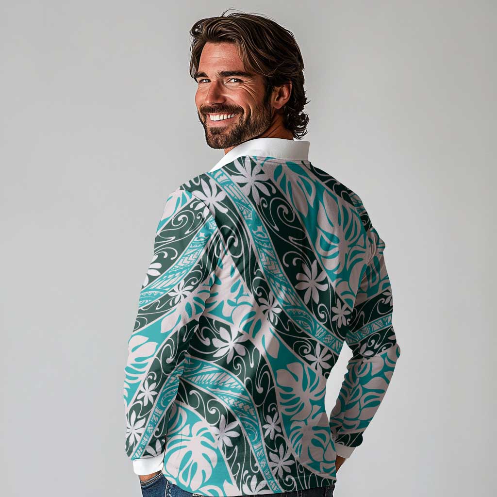 Cyan Tahiti Tiare Monstera Long Sleeve Polo Shirt Polynesian Pattern Curve Style - Polynesian Pride