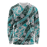 Cyan Tahiti Tiare Monstera Long Sleeve Shirt Polynesian Pattern Curve Style - Polynesian Pride