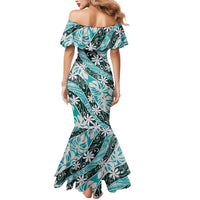 Cyan Tahiti Tiare Monstera Mermaid Dress Polynesian Pattern Curve Style - Polynesian Pride