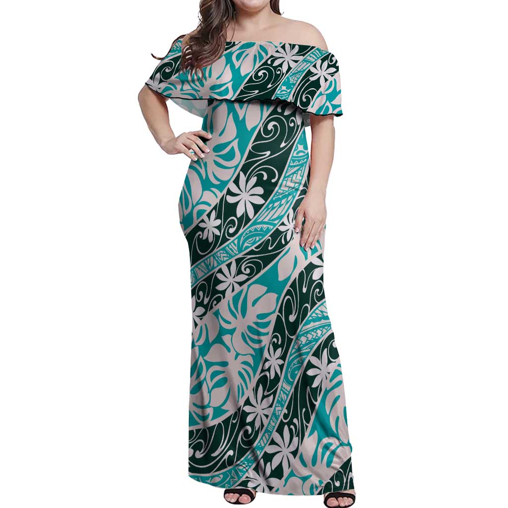 Cyan Tahiti Tiare Monstera Off Shoulder Maxi Dress Polynesian Pattern Curve Style - Polynesian Pride