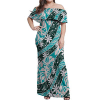 Cyan Tahiti Tiare Monstera Off Shoulder Maxi Dress Polynesian Pattern Curve Style - Polynesian Pride