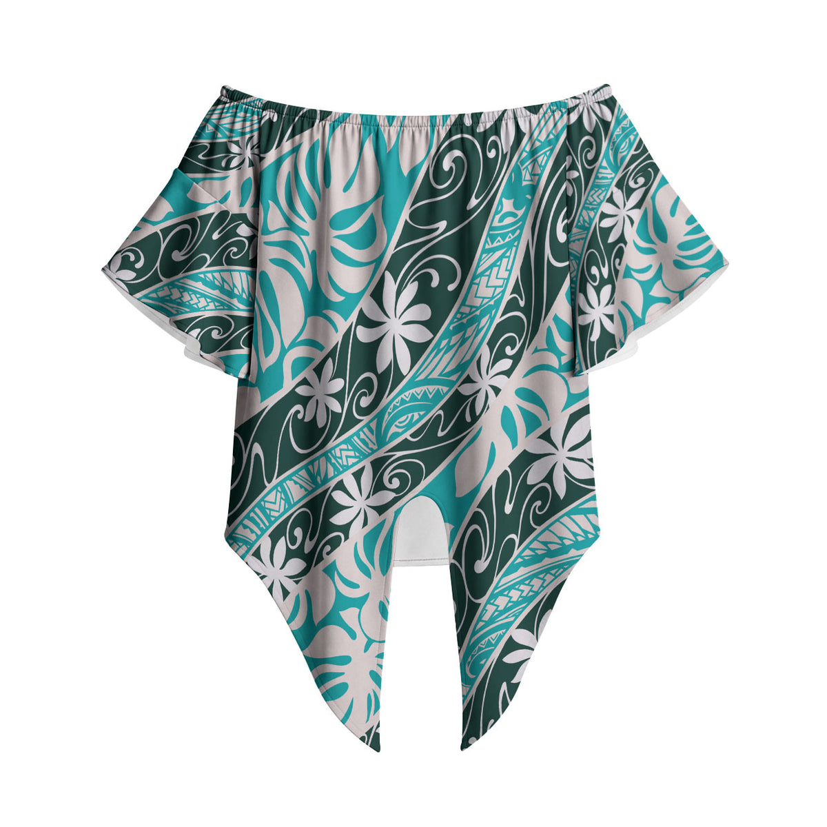 Cyan Tahiti Tiare Monstera Off Shoulder Wrap Waist Top Polynesian Pattern Curve Style LT01 Cyan - Polynesian Pride