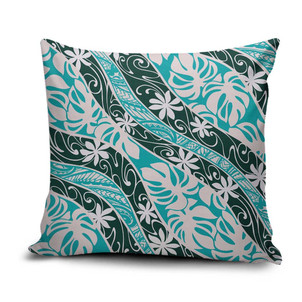 Cyan Tahiti Tiare Monstera Pillow Cover Polynesian Pattern Curve Style - Polynesian Pride