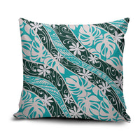 Cyan Tahiti Tiare Monstera Pillow Cover Polynesian Pattern Curve Style - Polynesian Pride