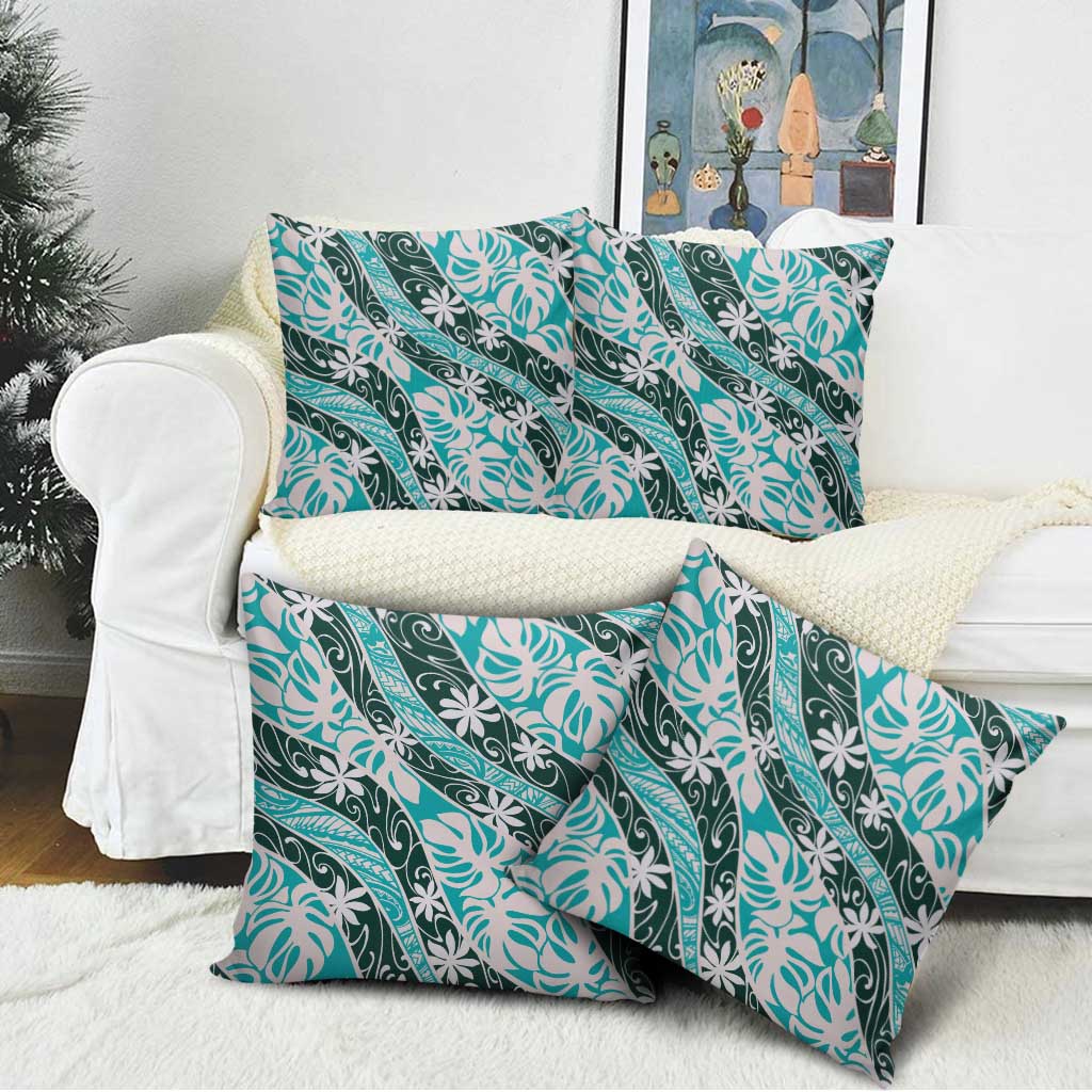 Cyan Tahiti Tiare Monstera Pillow Cover Polynesian Pattern Curve Style - Polynesian Pride