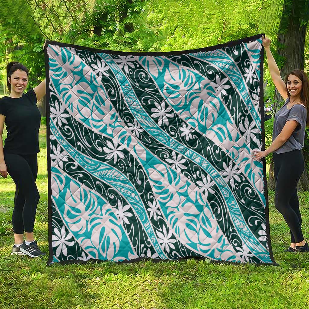 Cyan Tahiti Tiare Monstera Quilt Polynesian Pattern Curve Style - Polynesian Pride