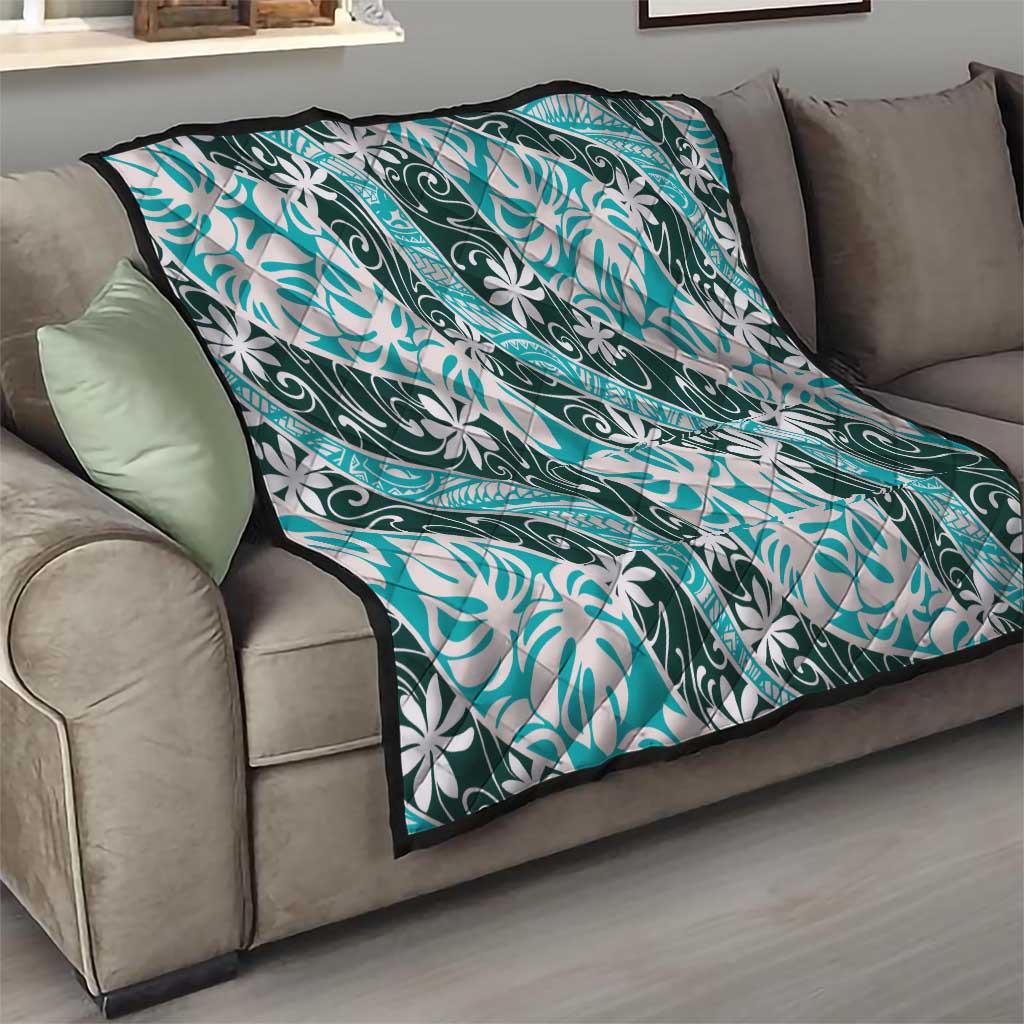 Cyan Tahiti Tiare Monstera Quilt Polynesian Pattern Curve Style - Polynesian Pride