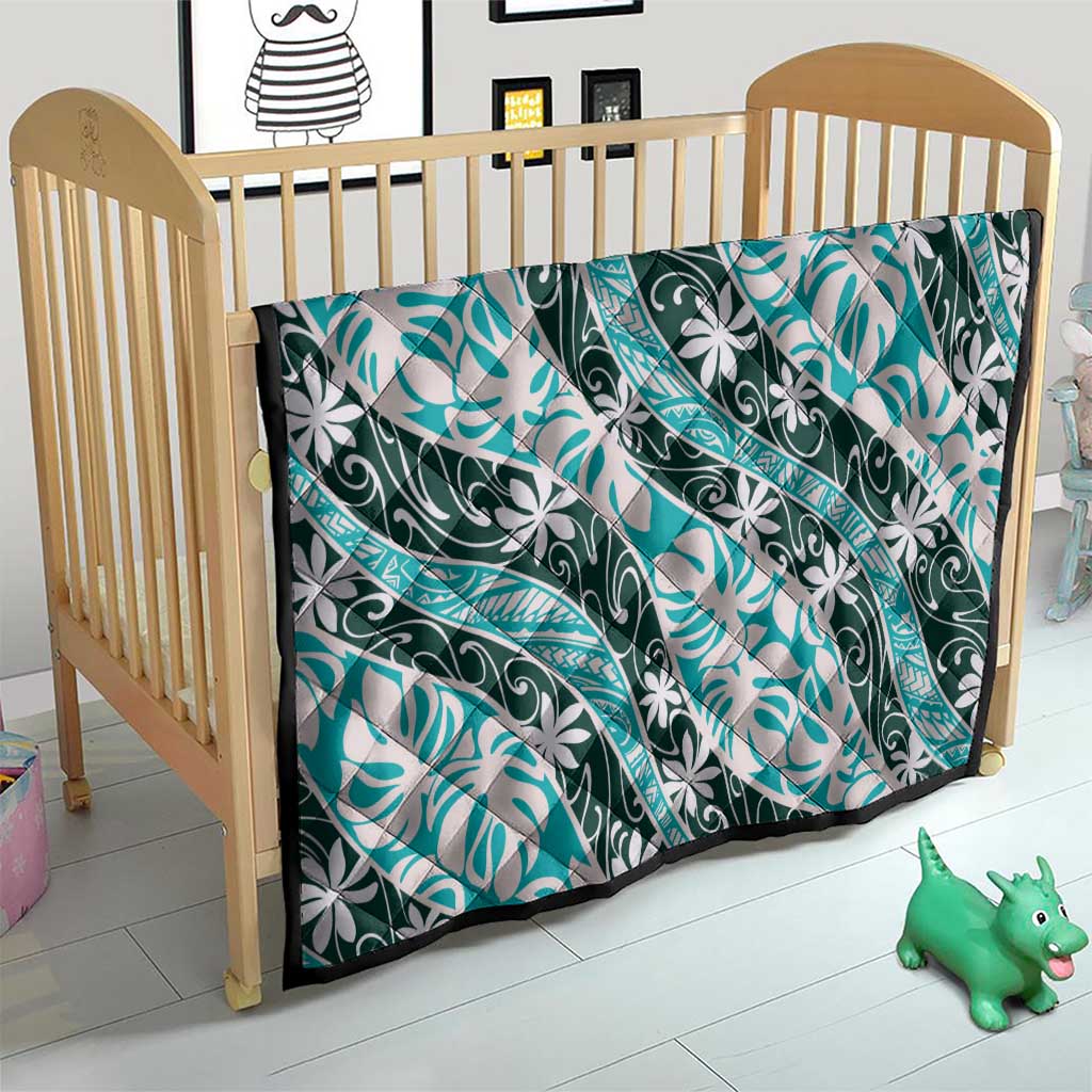 Cyan Tahiti Tiare Monstera Quilt Polynesian Pattern Curve Style - Polynesian Pride