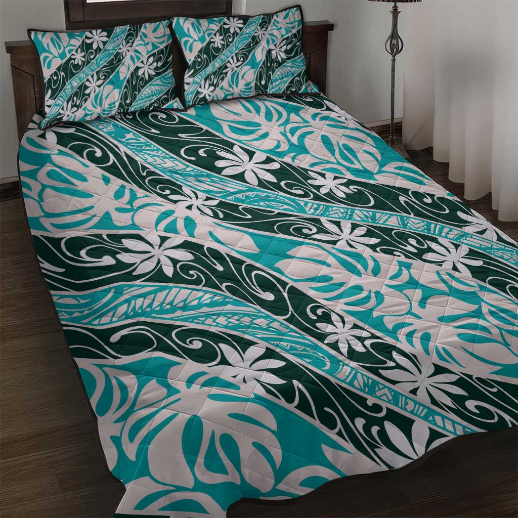 Cyan Tahiti Tiare Monstera Quilt Bed Set Polynesian Pattern Curve Style - Polynesian Pride