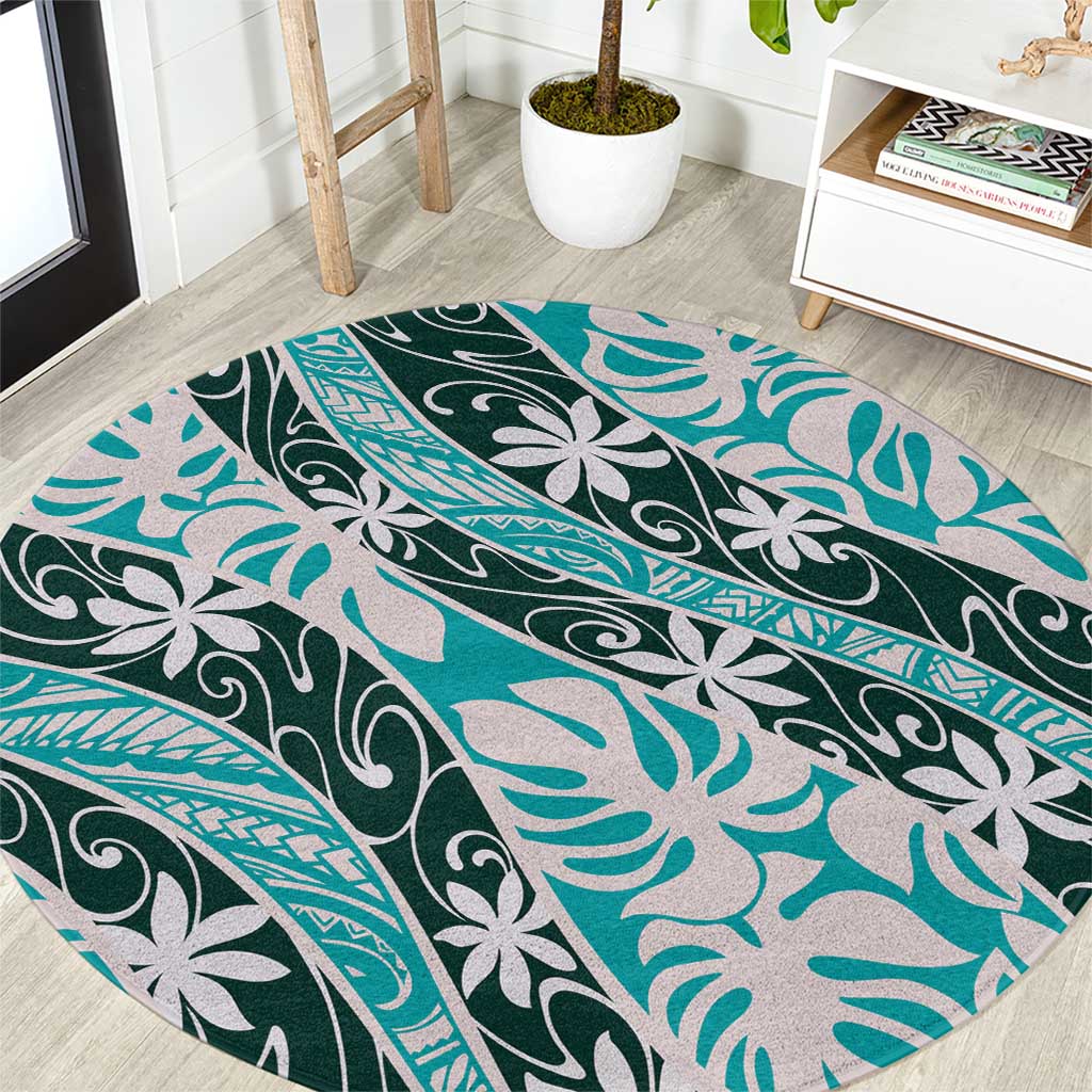 Cyan Tahiti Tiare Monstera Round Carpet Polynesian Pattern Curve Style - Polynesian Pride