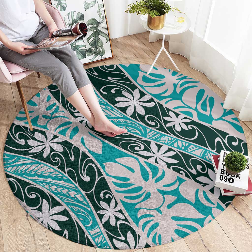 Cyan Tahiti Tiare Monstera Round Carpet Polynesian Pattern Curve Style - Polynesian Pride