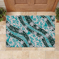 Cyan Tahiti Tiare Monstera Rubber Doormat Polynesian Pattern Curve Style - Polynesian Pride