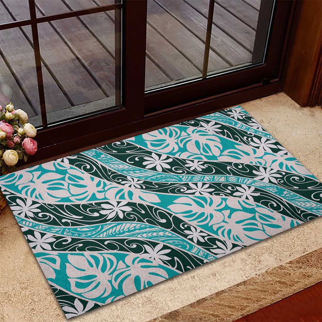 Cyan Tahiti Tiare Monstera Rubber Doormat Polynesian Pattern Curve Style - Polynesian Pride