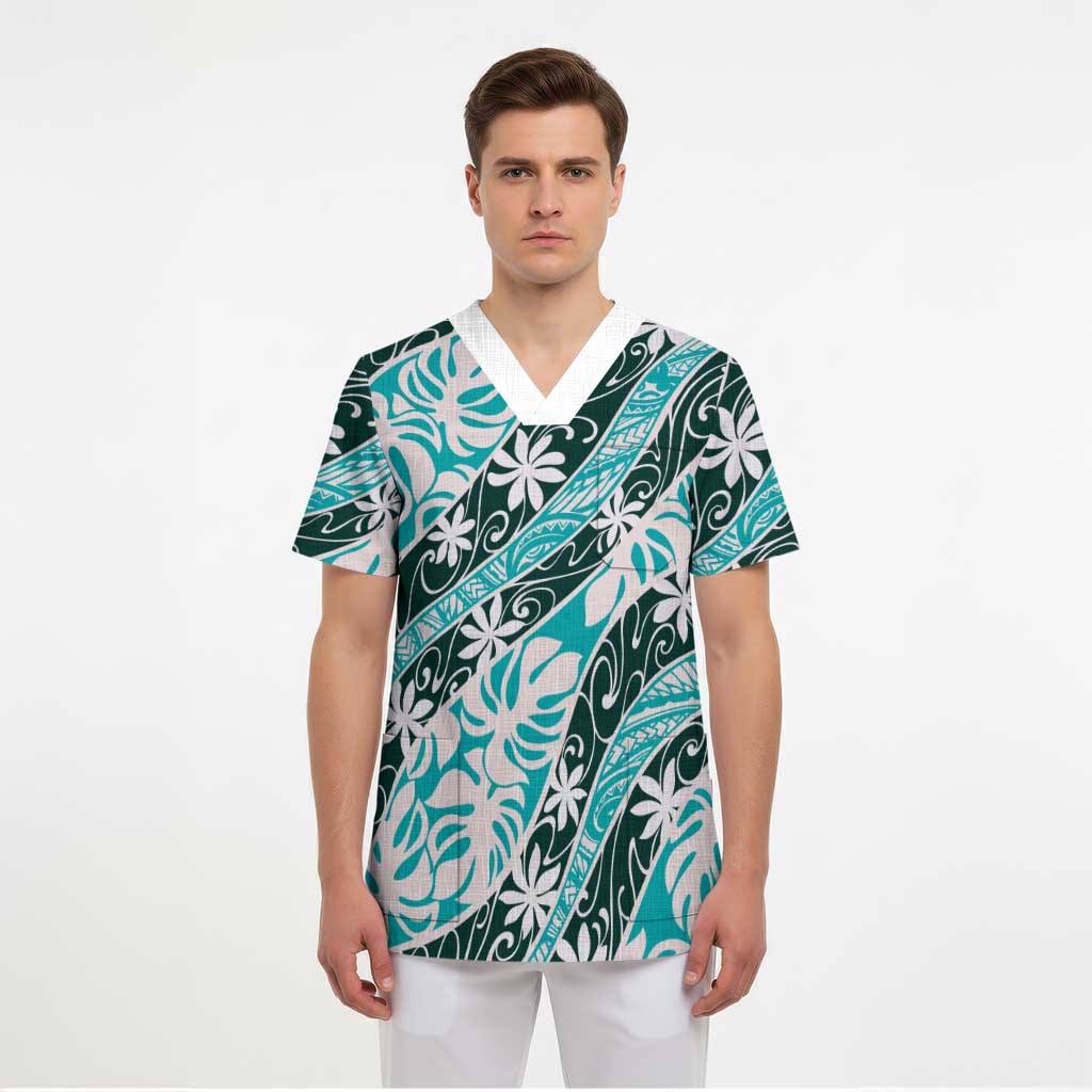 Cyan Tahiti Tiare Monstera Scrub Top Polynesian Pattern Curve Style - Polynesian Pride